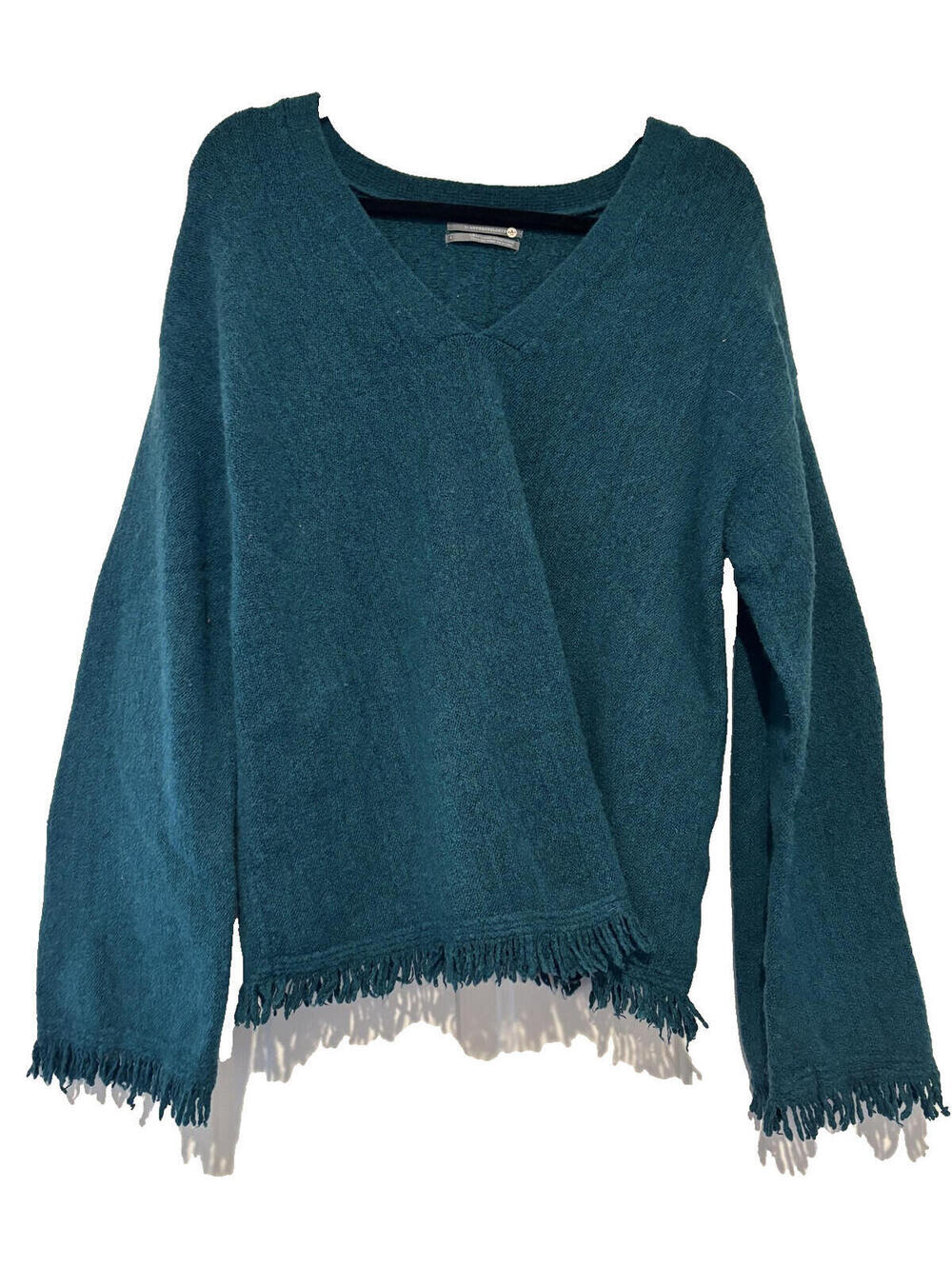 Anthropologie sz L emerald green wool blend sweater fringe AA‎